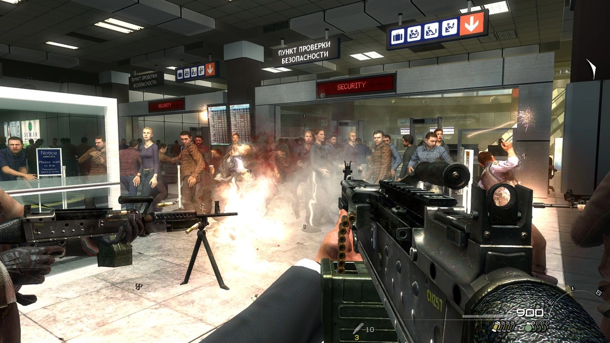 Миссия с расстрелом людей в одном из московских аэропортов из игры Call of Duty: Modern Warfare 2 (2009). В российской версии игры эта миссия вырезана