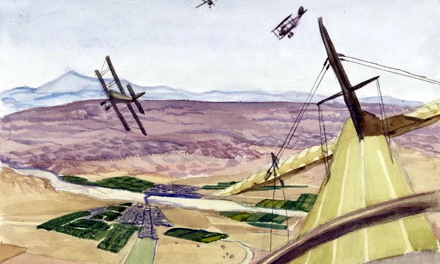 Британская авиация над аэродромом Киркук, иракский Курдистан. Рисунок с натуры, 1919 год Британская авиация над аэродромом Киркук, иракский Курдистан. Рисунок с натуры, 1919 год
