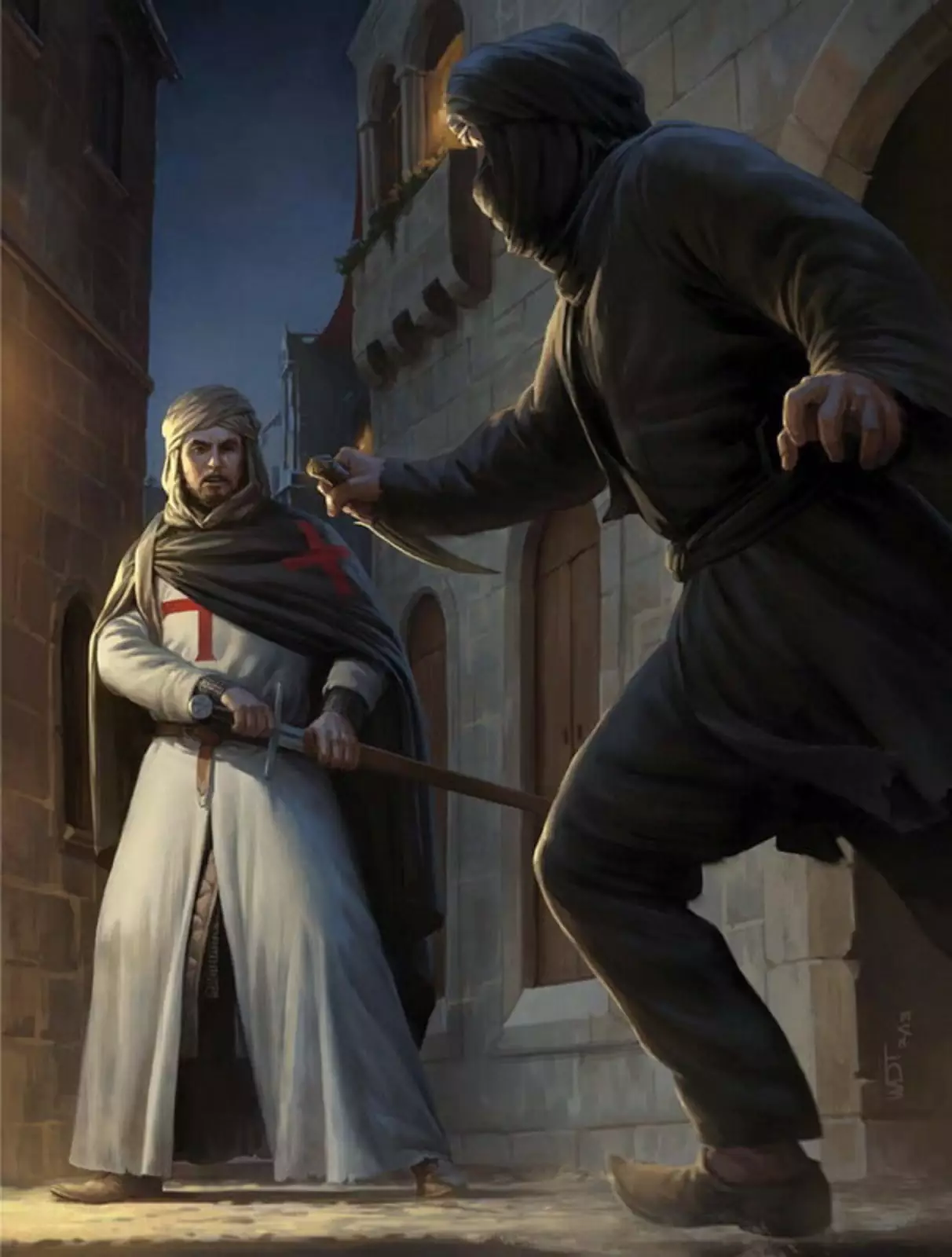 Тамплиер встречает ассасина на ночной улице Иерусалима Тамплиер встречает ассасина на ночной улице Иерусалима